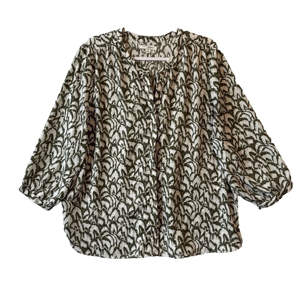 Jachs Girlfriend Green 3/4 Sleeve Collarless Button Up Blouse XL Boho Oversized